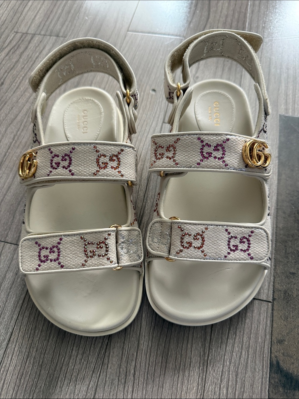 Gucci White GG Crystal-Embellished Leather Sandals